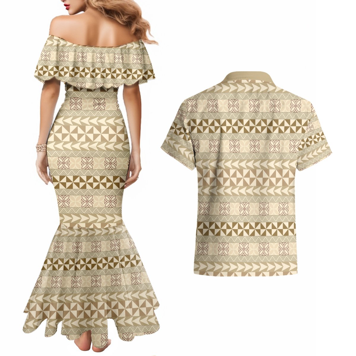 Pasifika Sataoa Pattern Simple Motif Couples Matching Mermaid Dress and Hawaiian Shirt Beige Tan LT9 - Polynesian Pride