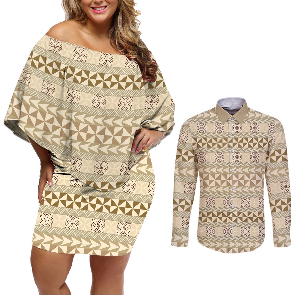 Pasifika Sataoa Pattern Simple Motif Couples Matching Off Shoulder Short Dress and Long Sleeve Button Shirt Beige Tan LT9 Beige Tan - Polynesian Pride