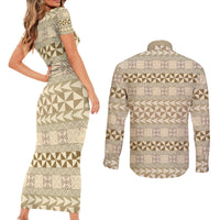 Pasifika Sataoa Pattern Simple Motif Couples Matching Short Sleeve Bodycon Dress and Long Sleeve Button Shirt Beige Tan LT9 - Polynesian Pride