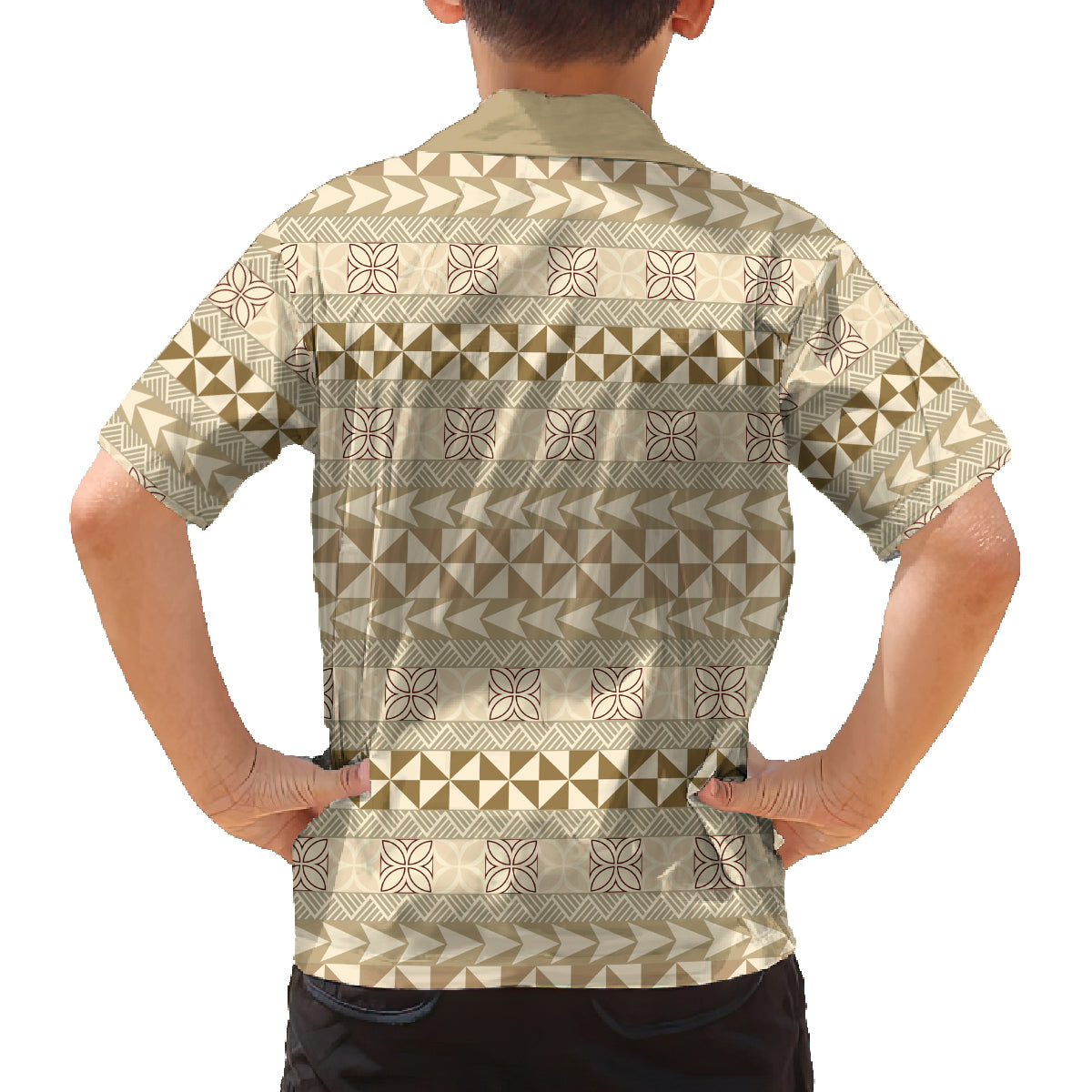 Pasifika Sataoa Pattern Simple Motif Family Matching Off Shoulder Long Sleeve Dress and Hawaiian Shirt Beige Tan LT9 - Polynesian Pride