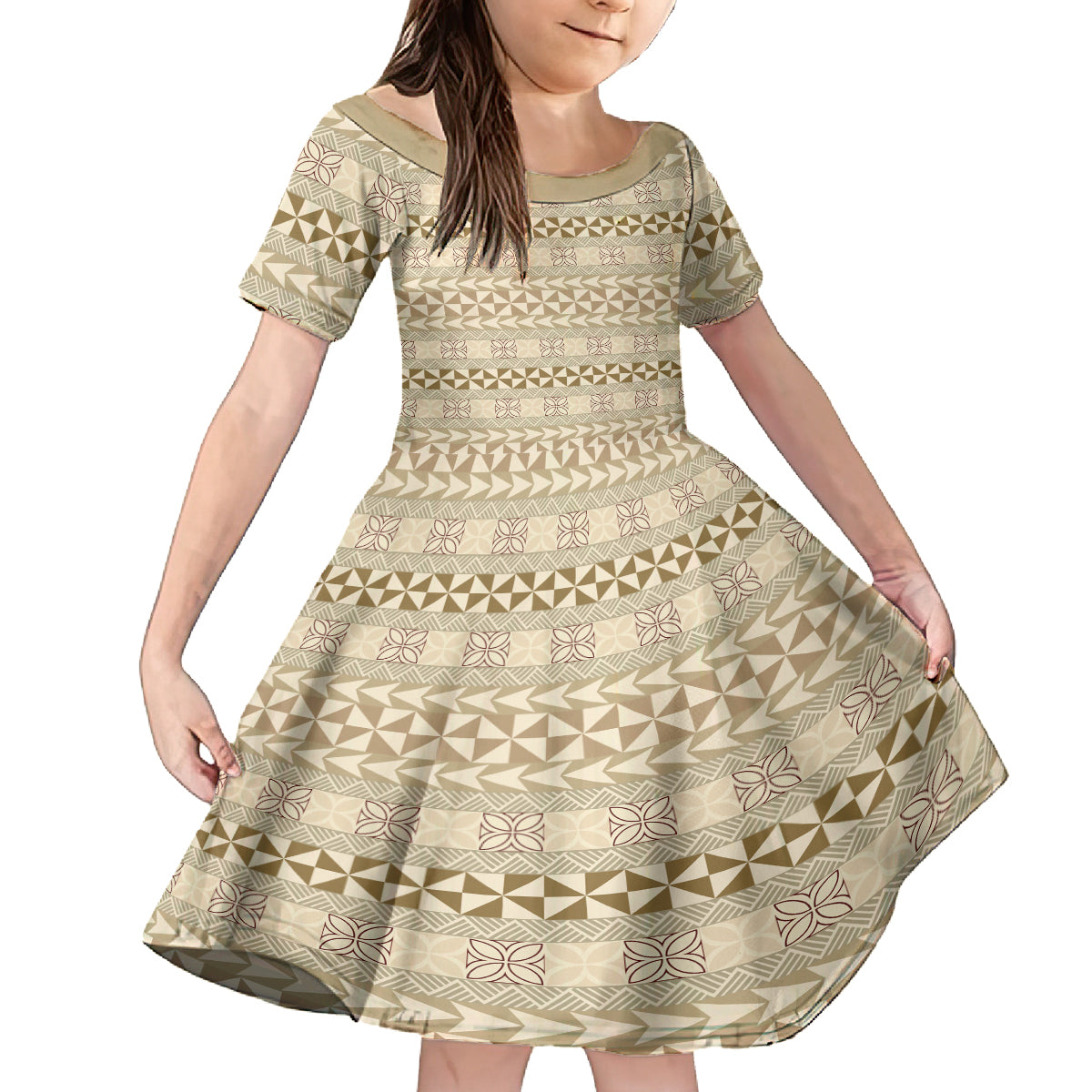 Pasifika Sataoa Pattern Simple Motif Family Matching Summer Maxi Dress and Hawaiian Shirt Beige Tan LT9 Daughter's Dress Beige Tan - Polynesian Pride