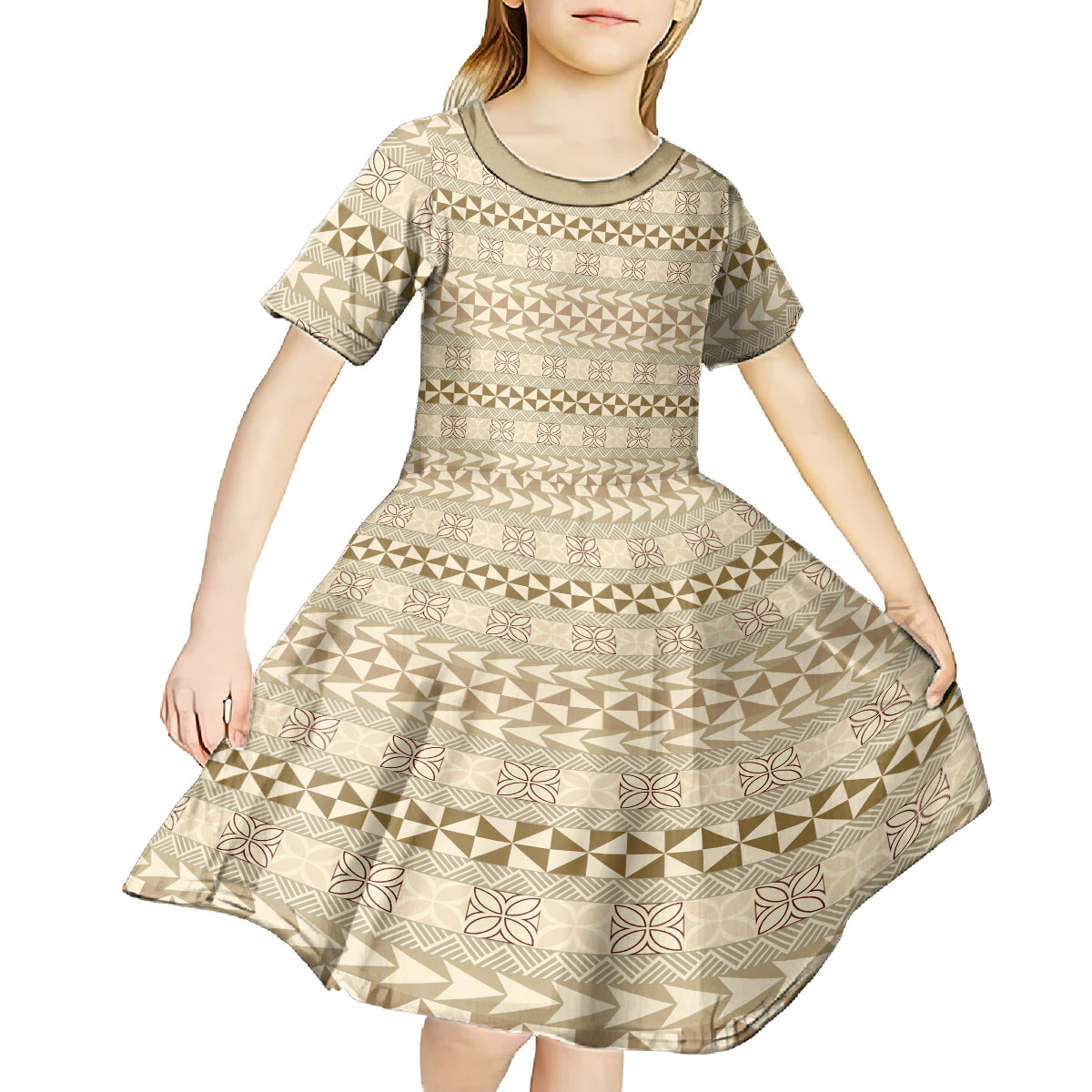 Pasifika Sataoa Pattern Simple Motif Kid Short Sleeve Dress Beige Tan LT9 - Polynesian Pride