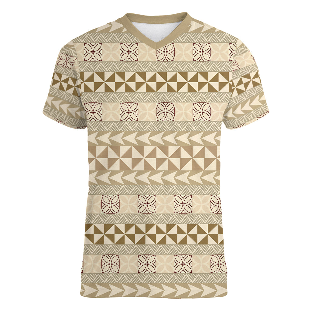 Pasifika Sataoa Pattern Simple Motif Women V Neck T Shirt Beige Tan LT9 Female Beige Tan - Polynesian Pride