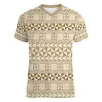 Pasifika Sataoa Pattern Simple Motif Women V Neck T Shirt Beige Tan LT9 Female Beige Tan - Polynesian Pride