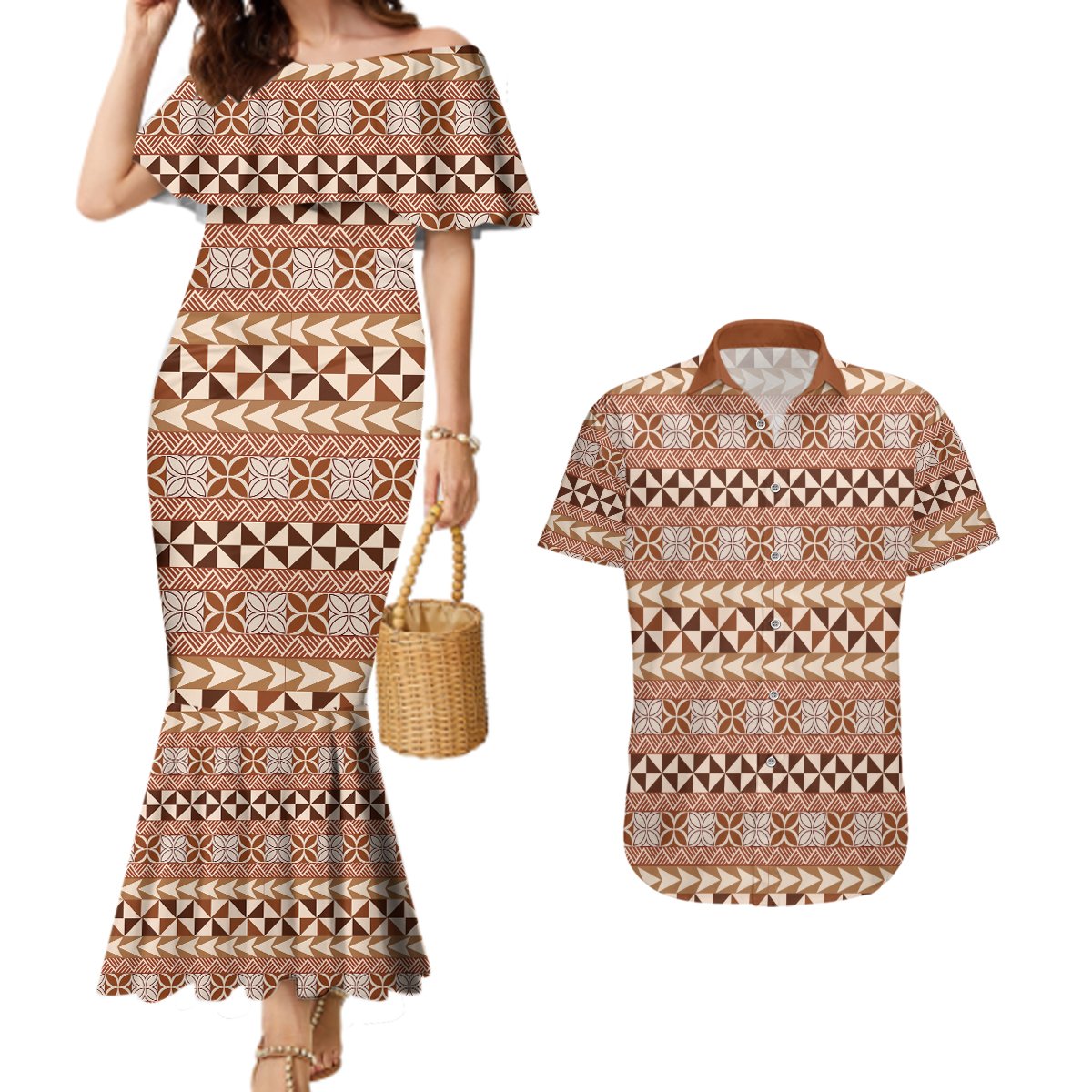 Pasifika Sataoa Pattern Simple Motif Couples Matching Mermaid Dress and Hawaiian Shirt Brown Beige Tan LT9 Brown - Polynesian Pride