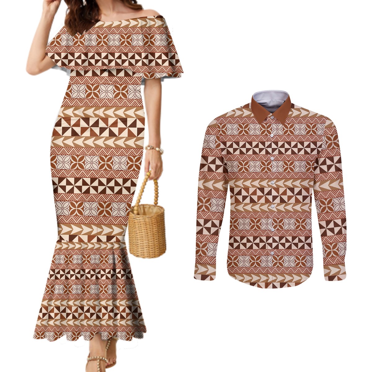 Pasifika Sataoa Pattern Simple Motif Couples Matching Mermaid Dress and Long Sleeve Button Shirt Brown Beige Tan LT9 Brown - Polynesian Pride