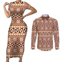 Pasifika Sataoa Pattern Simple Motif Couples Matching Short Sleeve Bodycon Dress and Long Sleeve Button Shirt Brown Beige Tan LT9 Brown - Polynesian Pride