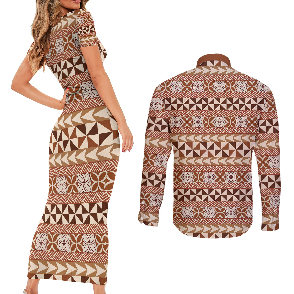 Pasifika Sataoa Pattern Simple Motif Couples Matching Short Sleeve Bodycon Dress and Long Sleeve Button Shirt Brown Beige Tan LT9 - Polynesian Pride