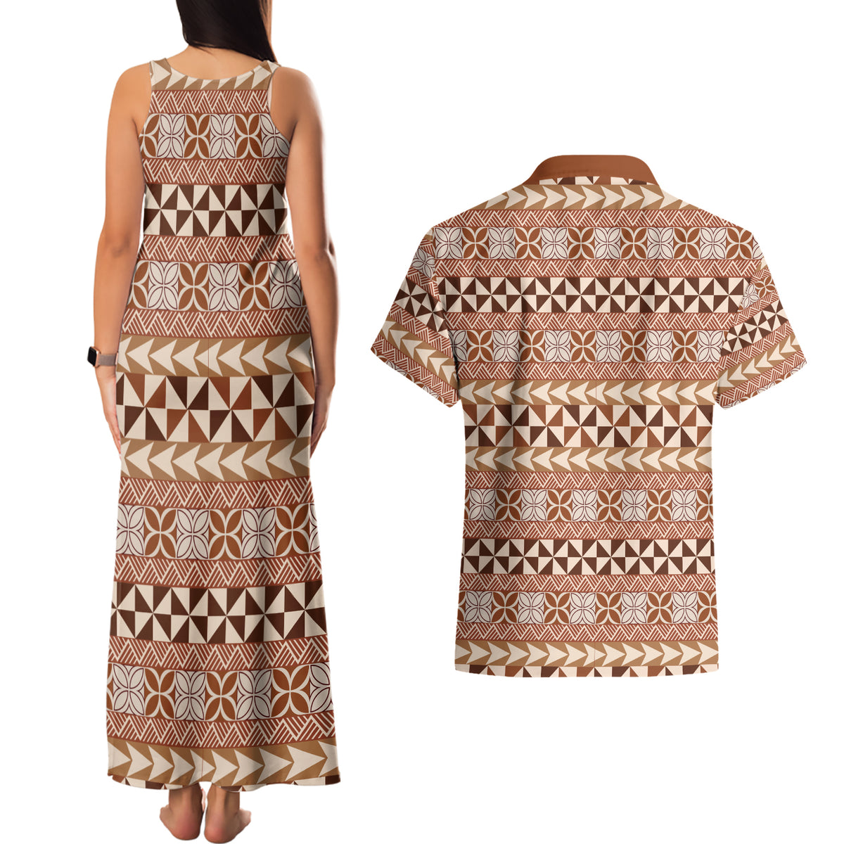 Pasifika Sataoa Pattern Simple Motif Couples Matching Tank Maxi Dress and Hawaiian Shirt Brown Beige Tan LT9 - Polynesian Pride
