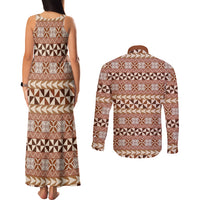 Pasifika Sataoa Pattern Simple Motif Couples Matching Tank Maxi Dress and Long Sleeve Button Shirt Brown Beige Tan LT9 - Polynesian Pride