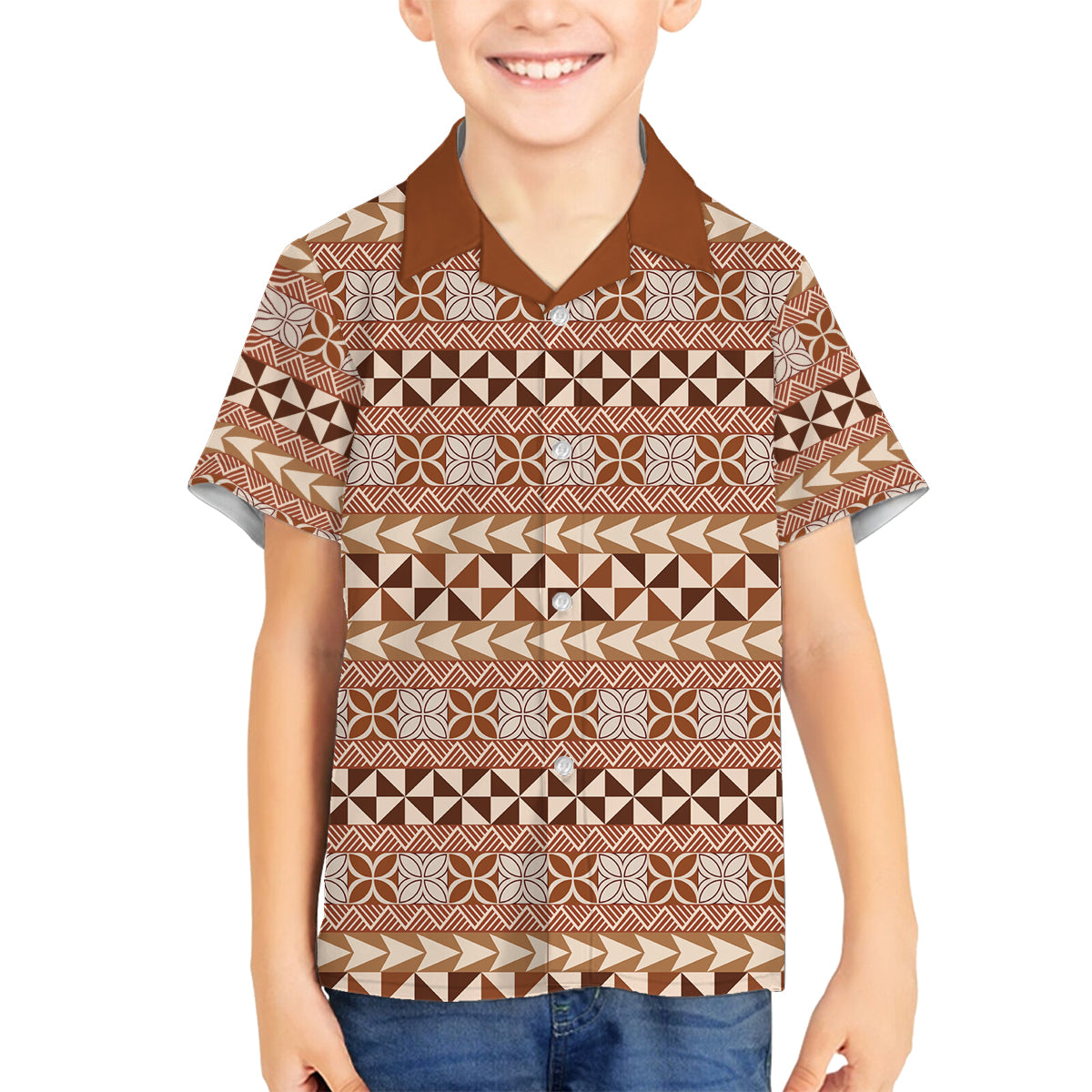Pasifika Sataoa Pattern Simple Motif Family Matching Off Shoulder Long Sleeve Dress and Hawaiian Shirt Brown Beige Tan LT9 Son's Shirt Brown - Polynesian Pride