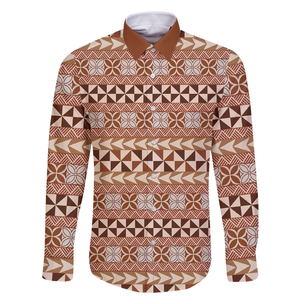 Pasifika Sataoa Pattern Simple Motif Family Matching Tank Maxi Dress and Hawaiian Shirt Brown Beige Tan LT9 Dad's Shirt - Long Sleeve Brown - Polynesian Pride