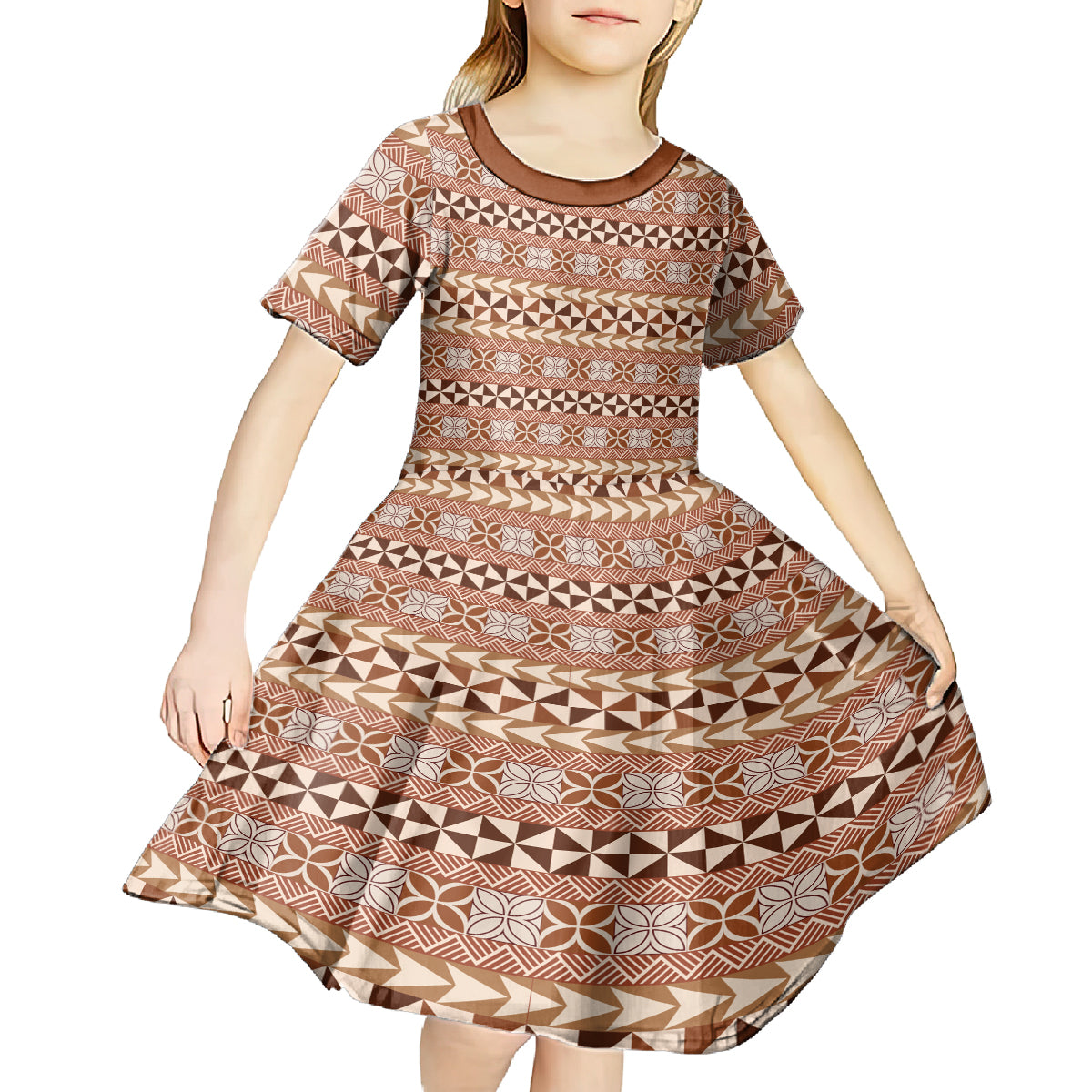 Pasifika Sataoa Pattern Simple Motif Kid Short Sleeve Dress Brown Beige Tan LT9 - Polynesian Pride