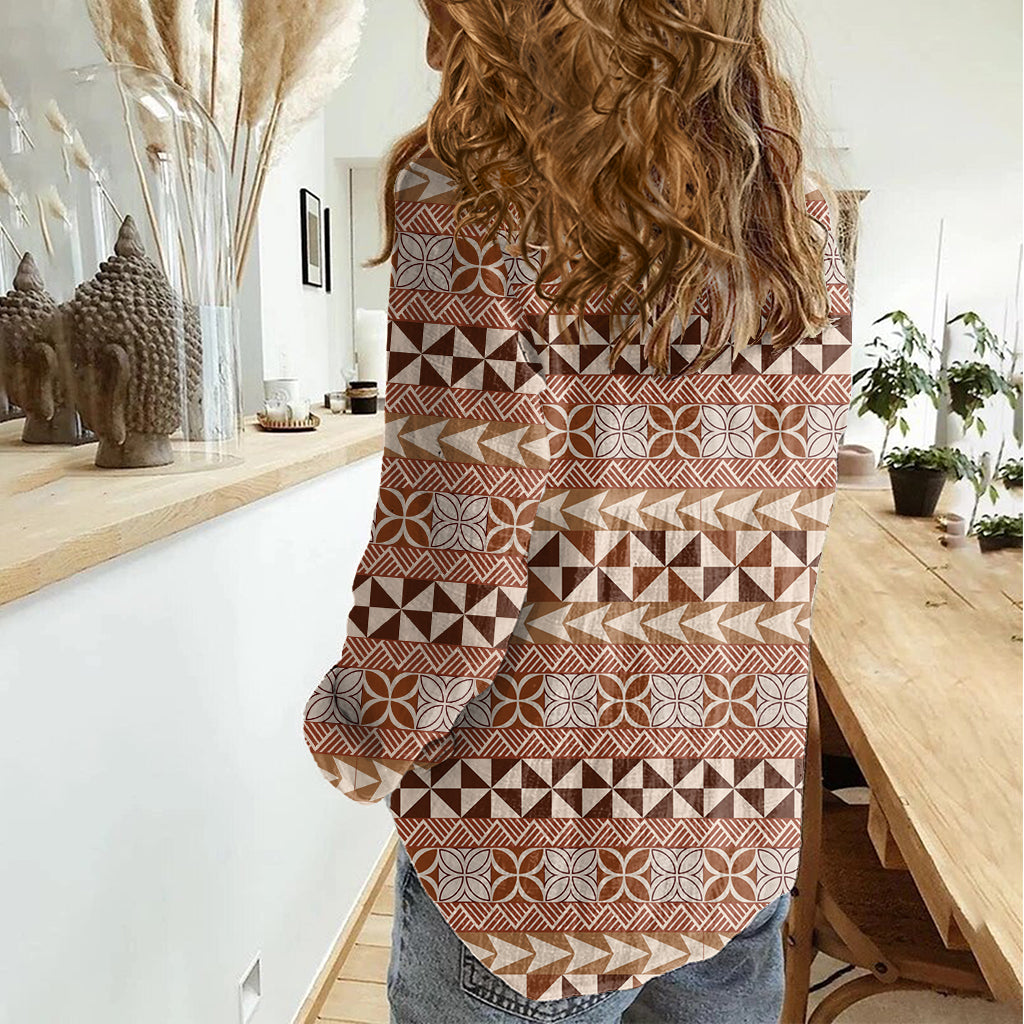 Pasifika Sataoa Pattern Simple Motif Women Casual Shirt Brown Beige Tan LT9 - Polynesian Pride