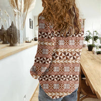 Pasifika Sataoa Pattern Simple Motif Women Casual Shirt Brown Beige Tan LT9 - Polynesian Pride