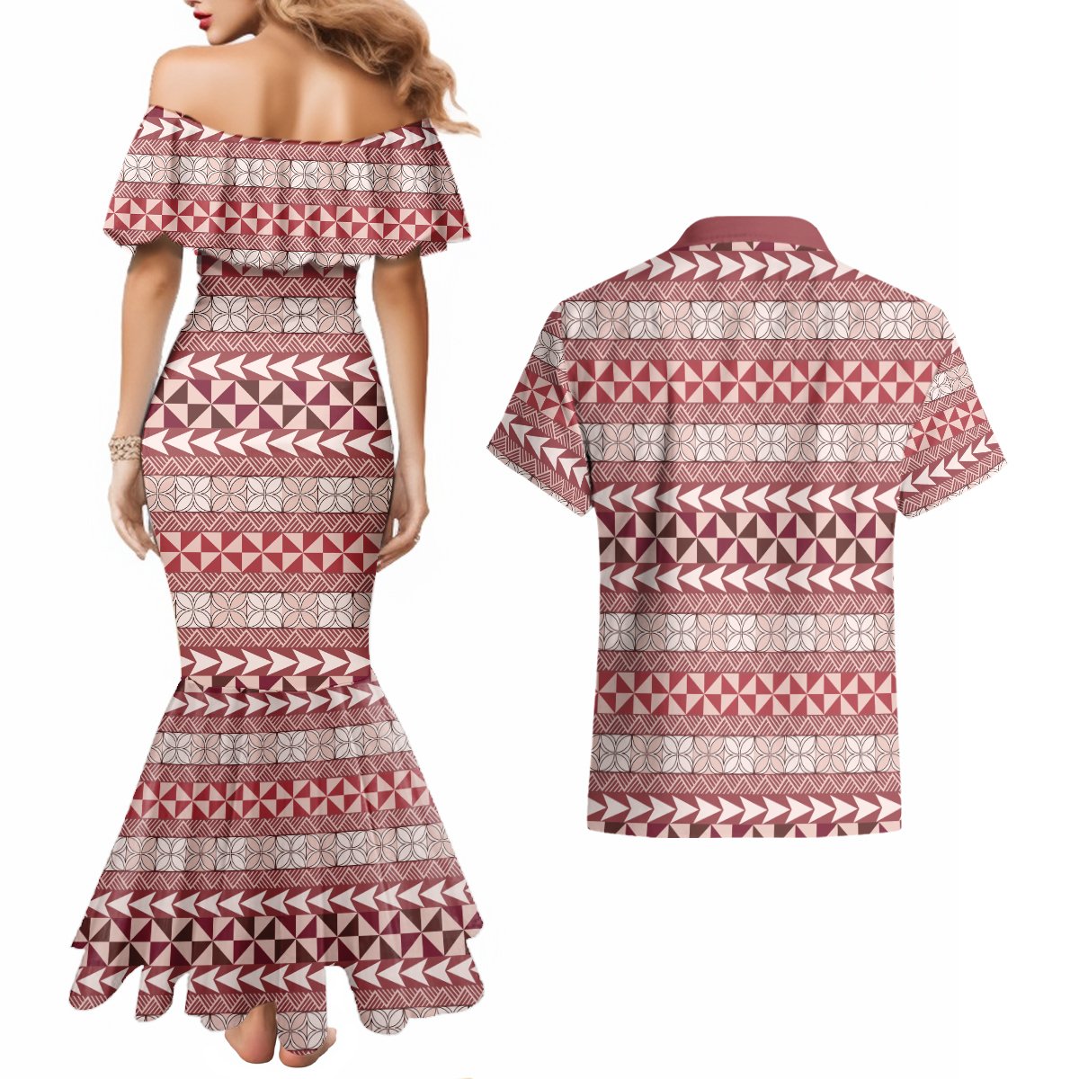 Pasifika Sataoa Pattern Simple Motif Couples Matching Mermaid Dress and Hawaiian Shirt Cherry LT9 - Polynesian Pride