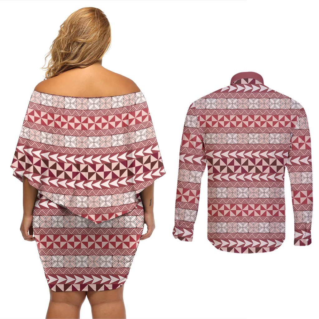 Pasifika Sataoa Pattern Simple Motif Couples Matching Off Shoulder Short Dress and Long Sleeve Button Shirt Cherry LT9 - Polynesian Pride