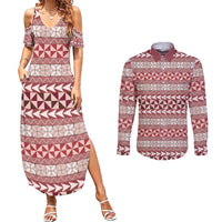 Pasifika Sataoa Pattern Simple Motif Couples Matching Summer Maxi Dress and Long Sleeve Button Shirt Cherry LT9 Cherry - Polynesian Pride