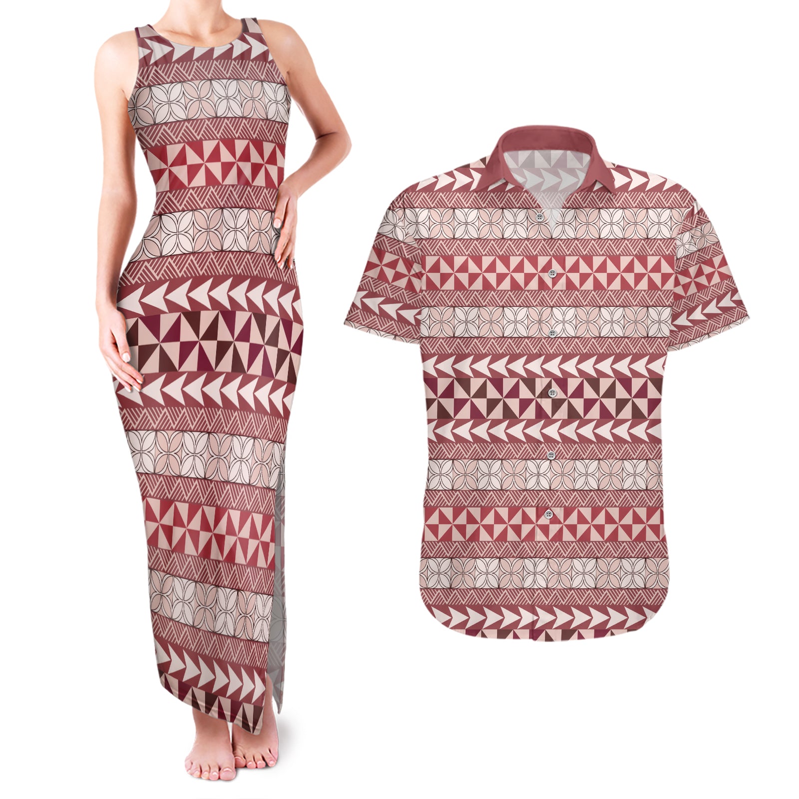 Pasifika Sataoa Pattern Simple Motif Couples Matching Tank Maxi Dress and Hawaiian Shirt Cherry LT9 Cherry - Polynesian Pride