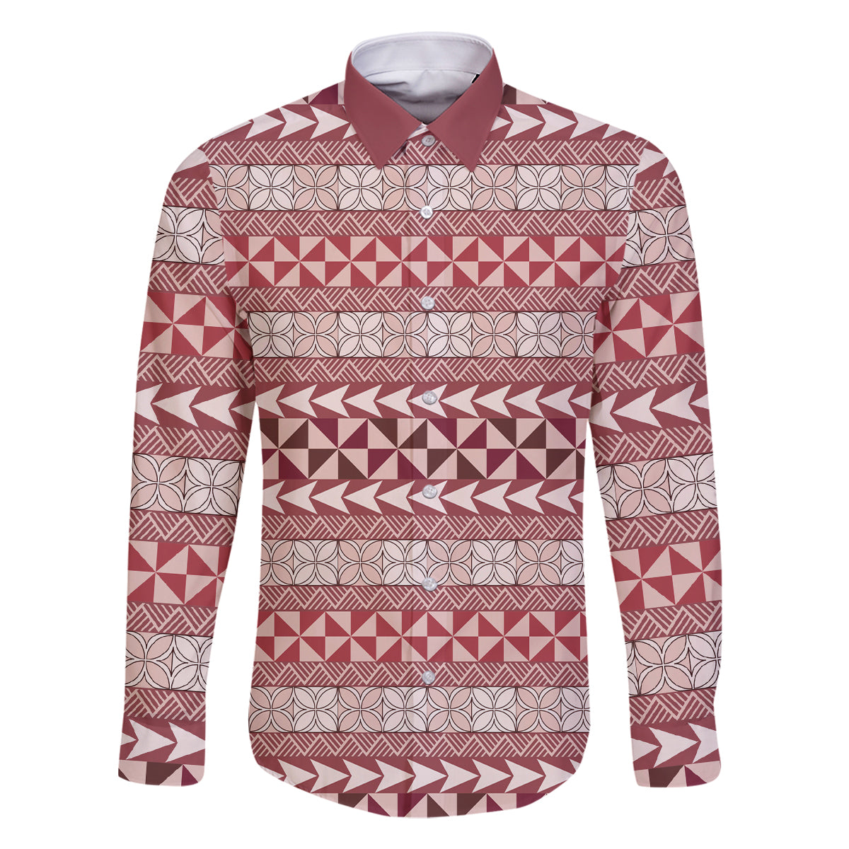 Pasifika Sataoa Pattern Simple Motif Family Matching Off Shoulder Maxi Dress and Hawaiian Shirt Cherry LT9 Dad's Shirt - Long Sleeve Cherry - Polynesian Pride