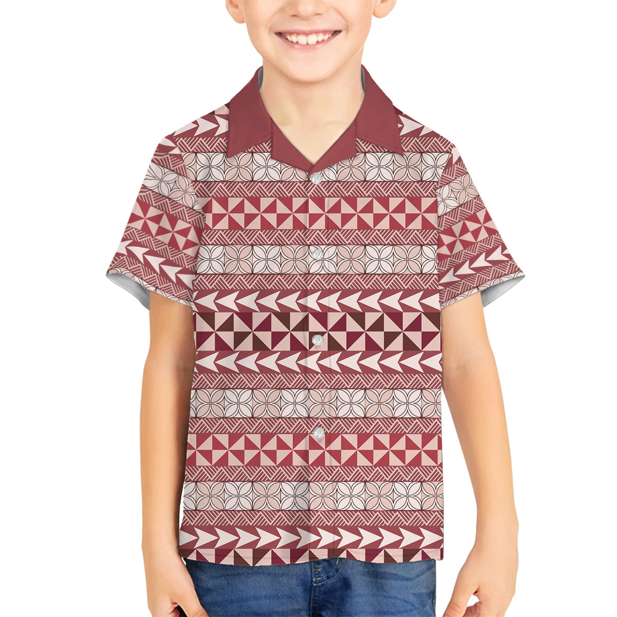 Pasifika Sataoa Pattern Simple Motif Family Matching Summer Maxi Dress and Hawaiian Shirt Cherry LT9 Son's Shirt Cherry - Polynesian Pride