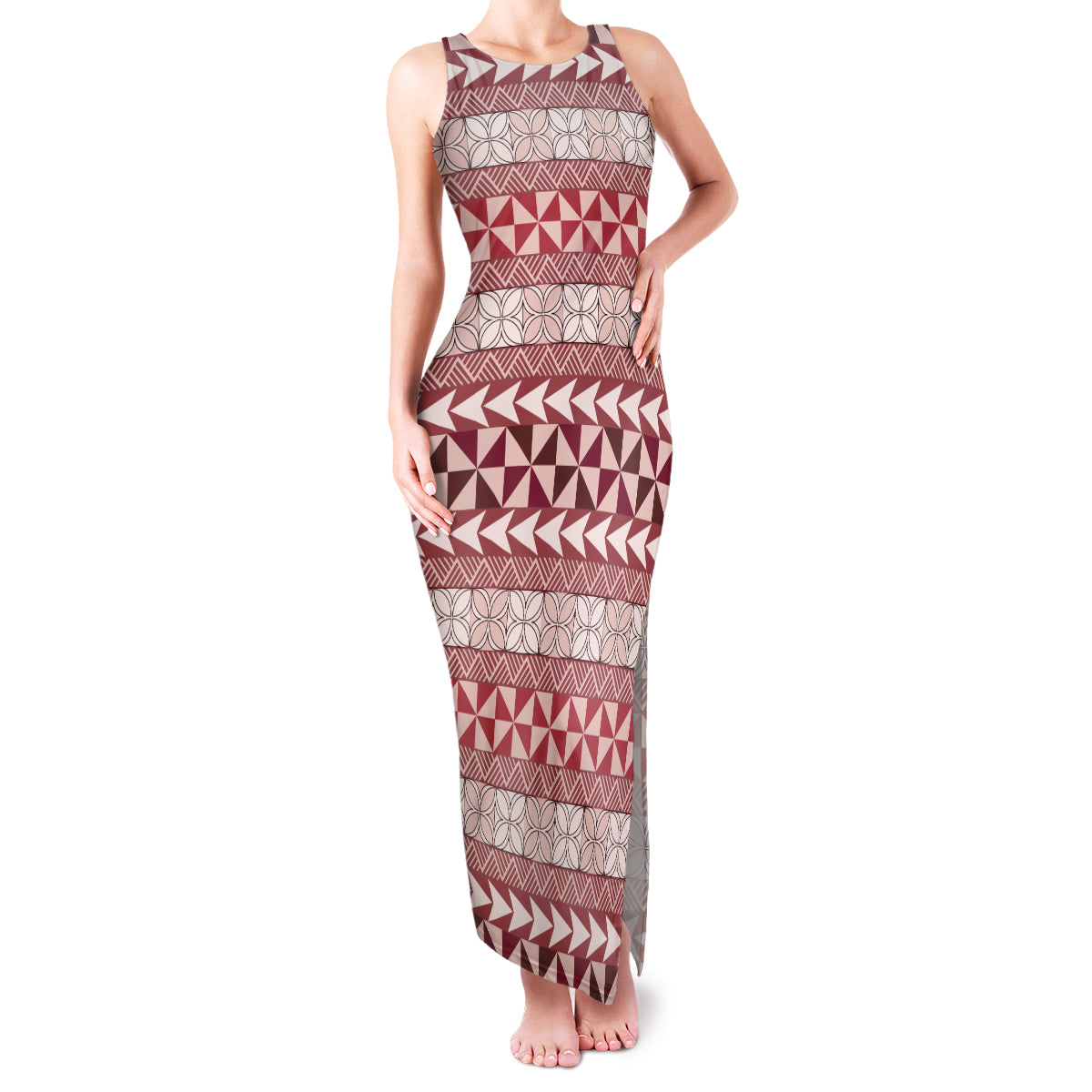 Pasifika Sataoa Pattern Simple Motif Family Matching Tank Maxi Dress and Hawaiian Shirt Cherry LT9 Mom's Dress Cherry - Polynesian Pride
