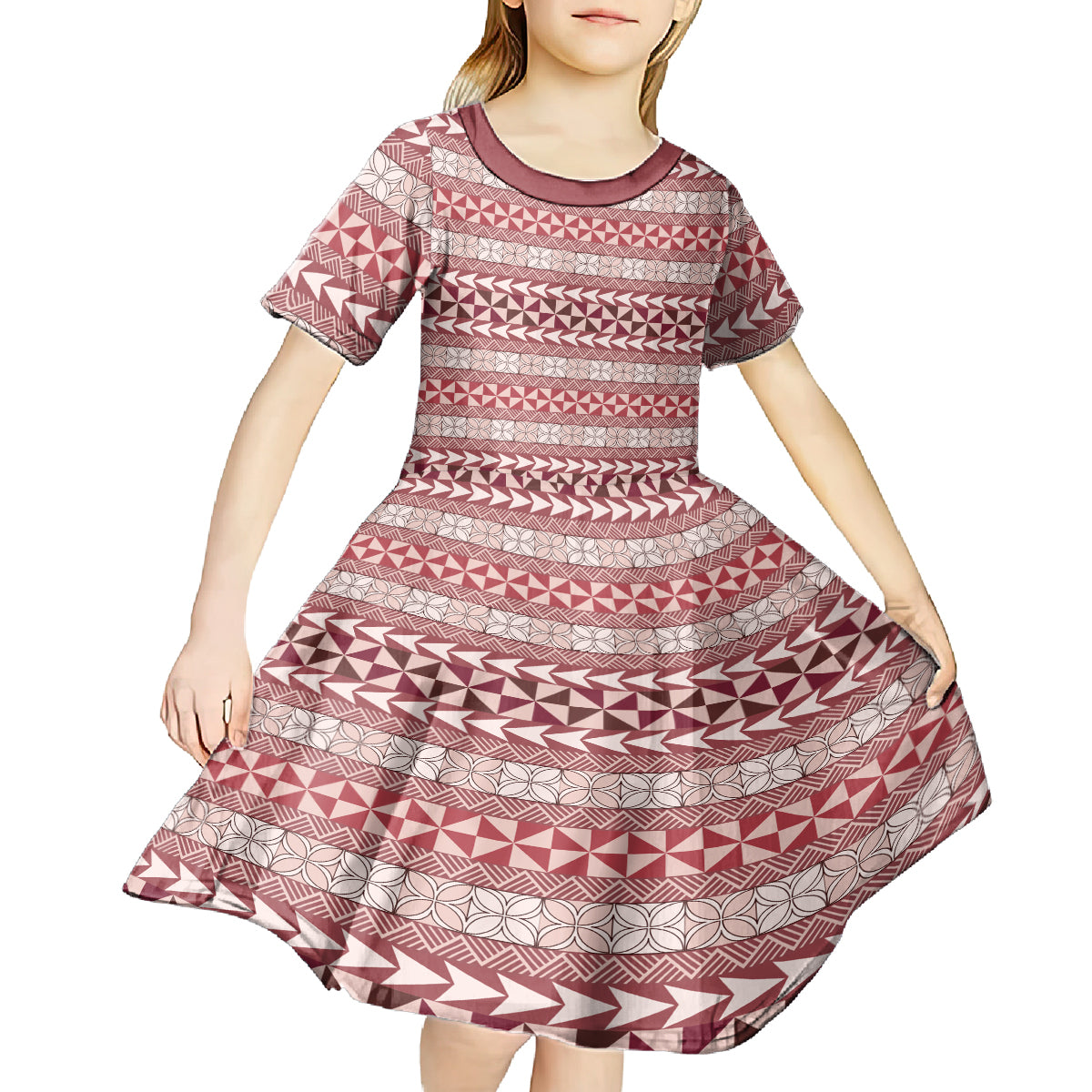 Pasifika Sataoa Pattern Simple Motif Kid Short Sleeve Dress Cherry LT9 - Polynesian Pride