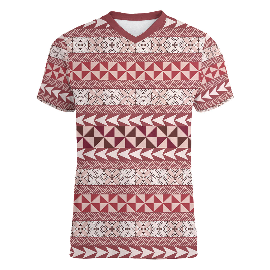 Pasifika Sataoa Pattern Simple Motif Women V Neck T Shirt Cherry LT9 Female Cherry - Polynesian Pride
