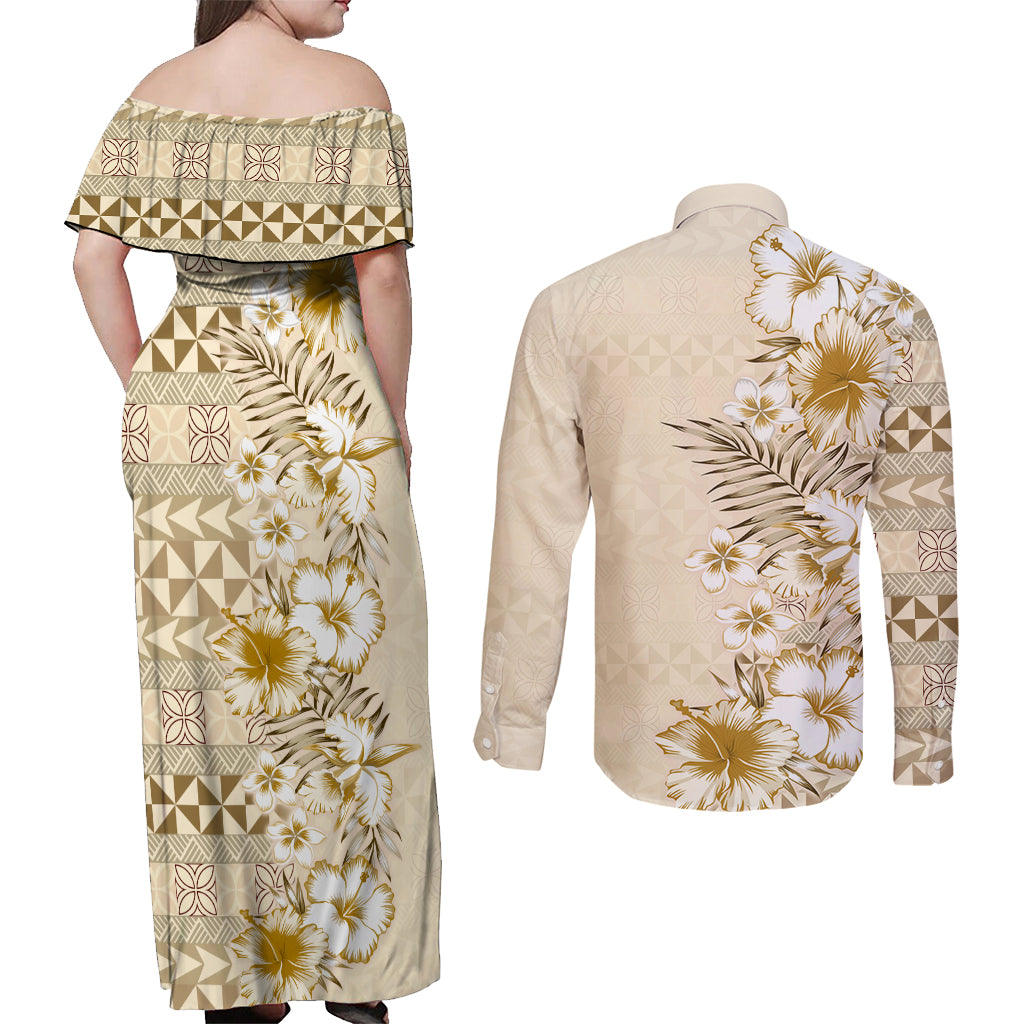 Pasifika Sataoa Pattern Plumeria Vintage Couples Matching Off Shoulder Maxi Dress and Long Sleeve Button Shirt Beige Tan LT9 - Polynesian Pride