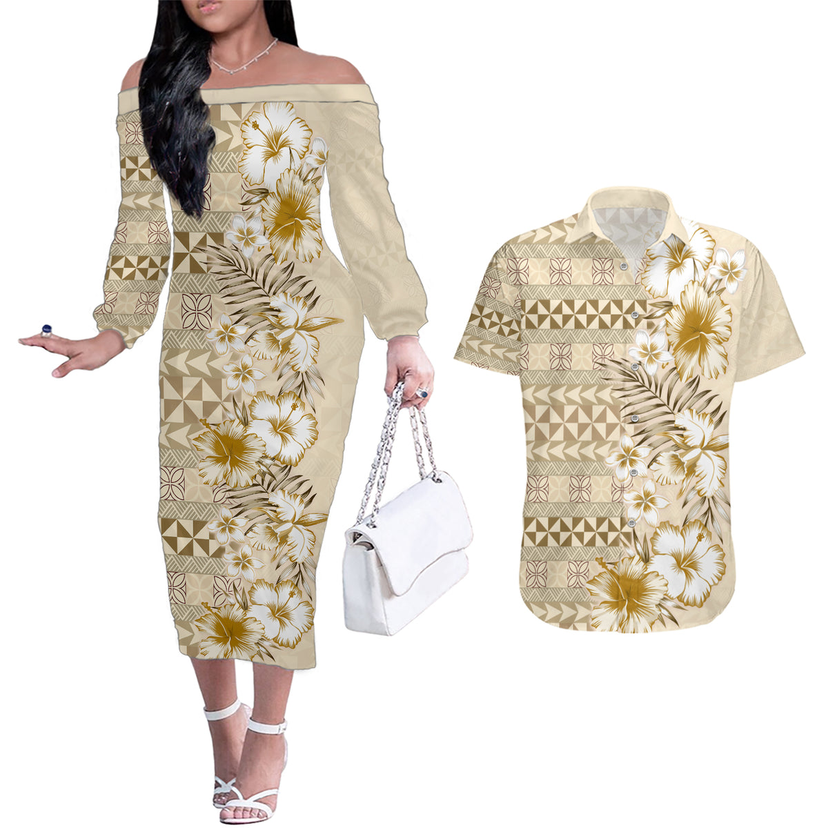 Pasifika Sataoa Pattern Plumeria Vintage Couples Matching Off The Shoulder Long Sleeve Dress and Hawaiian Shirt Beige Tan LT9 Beige Tan - Polynesian Pride