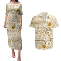 Pasifika Sataoa Pattern Plumeria Vintage Couples Matching Puletasi and Hawaiian Shirt Beige Tan LT9 Beige Tan - Polynesian Pride