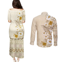 Pasifika Sataoa Pattern Plumeria Vintage Couples Matching Puletasi and Long Sleeve Button Shirt Beige Tan LT9 - Polynesian Pride