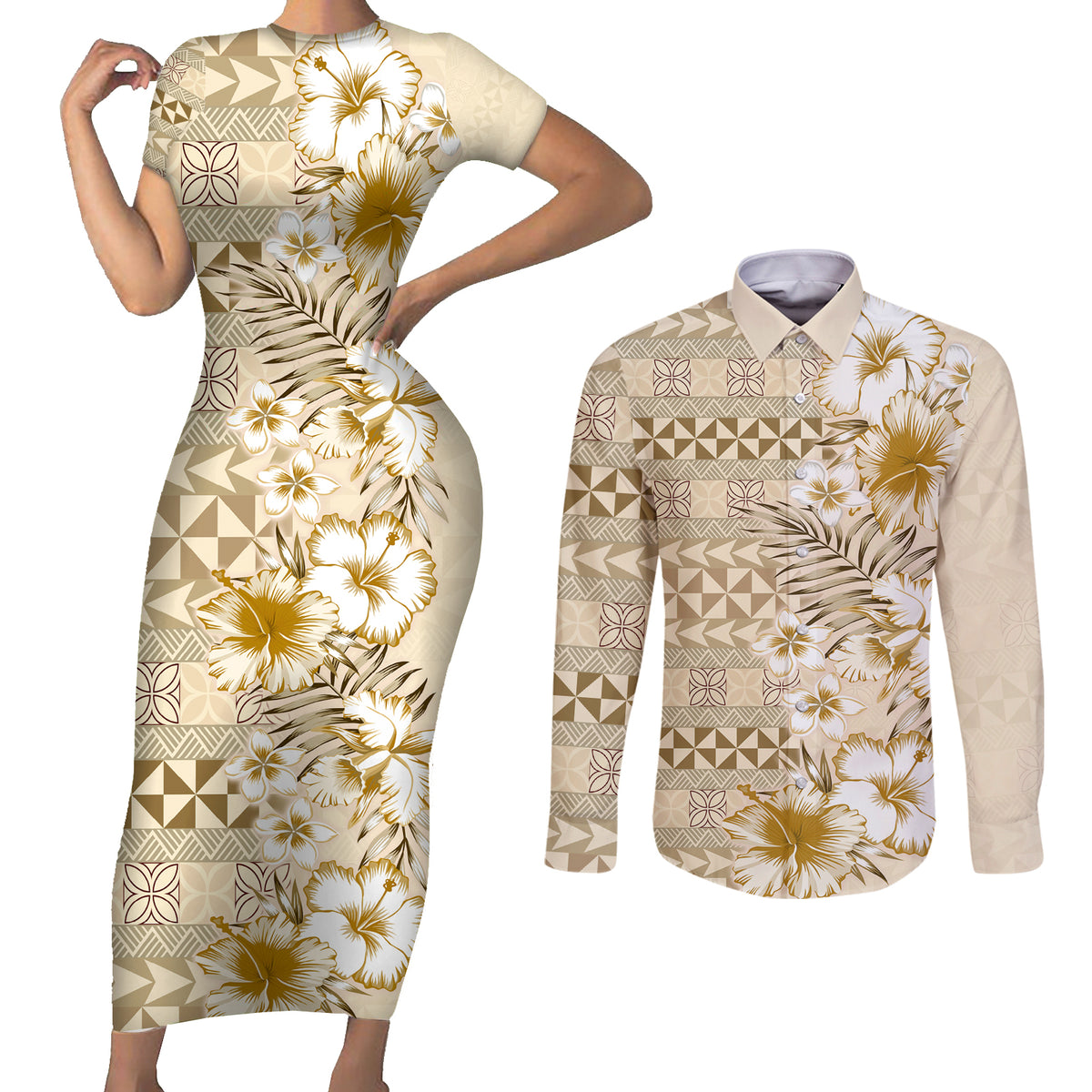 Pasifika Sataoa Pattern Plumeria Vintage Couples Matching Short Sleeve Bodycon Dress and Long Sleeve Button Shirt Beige Tan LT9 Beige Tan - Polynesian Pride