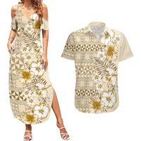 Pasifika Sataoa Pattern Plumeria Vintage Couples Matching Summer Maxi Dress and Hawaiian Shirt Beige Tan LT9 Beige Tan - Polynesian Pride