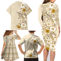 Pasifika Sataoa Pattern Plumeria Vintage Family Matching Long Sleeve Bodycon Dress and Hawaiian Shirt Beige Tan LT9 - Polynesian Pride