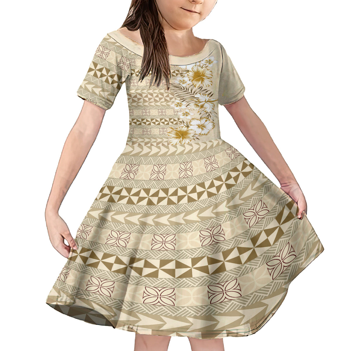 Pasifika Sataoa Pattern Plumeria Vintage Family Matching Summer Maxi Dress and Hawaiian Shirt Beige Tan LT9 Daughter's Dress Beige Tan - Polynesian Pride