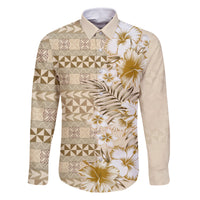 Pasifika Sataoa Pattern Plumeria Vintage Family Matching Tank Maxi Dress and Hawaiian Shirt Beige Tan LT9 Dad's Shirt - Long Sleeve Beige Tan - Polynesian Pride