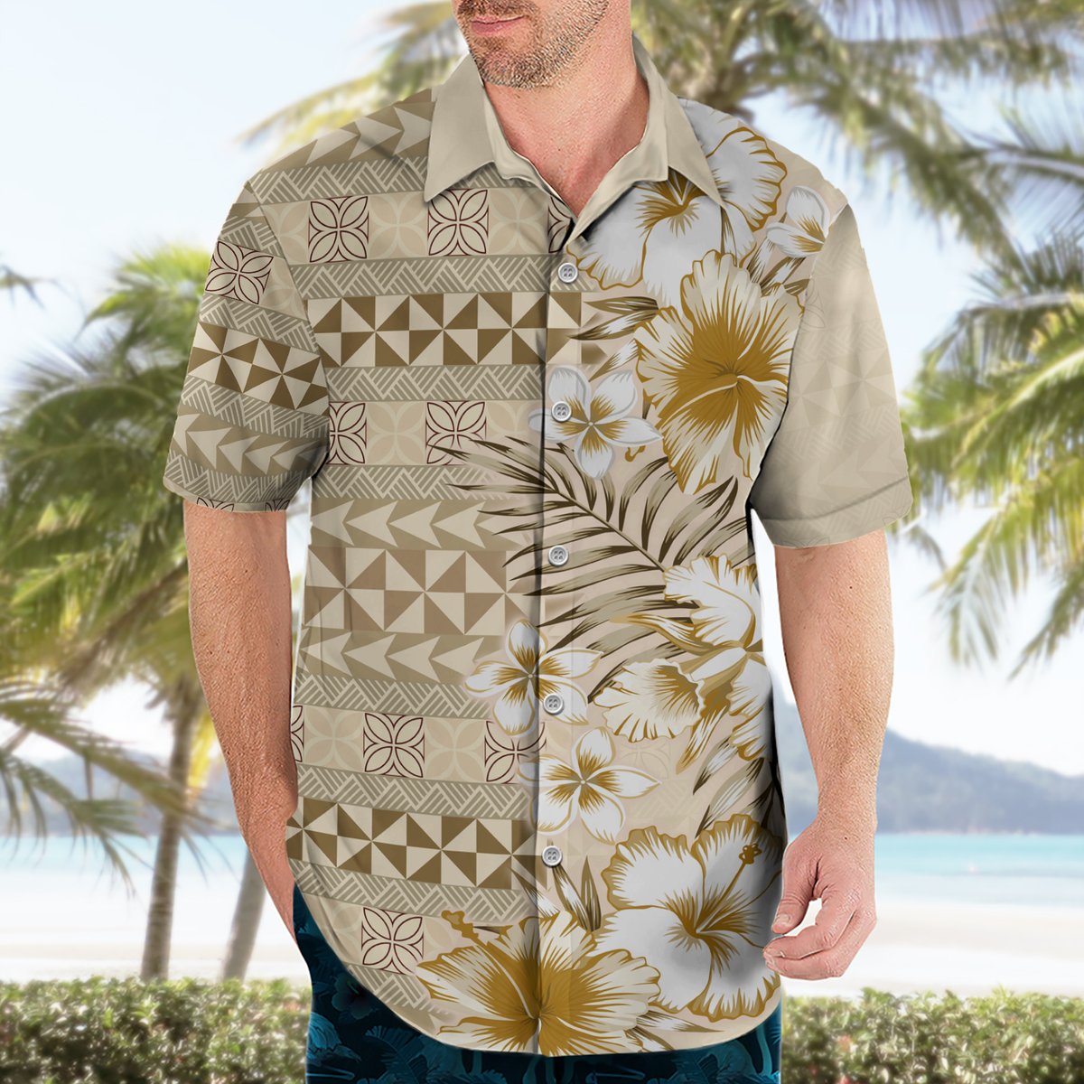 Pasifika Sataoa Pattern Plumeria Vintage Hawaiian Shirt Beige Tan LT9 - Polynesian Pride