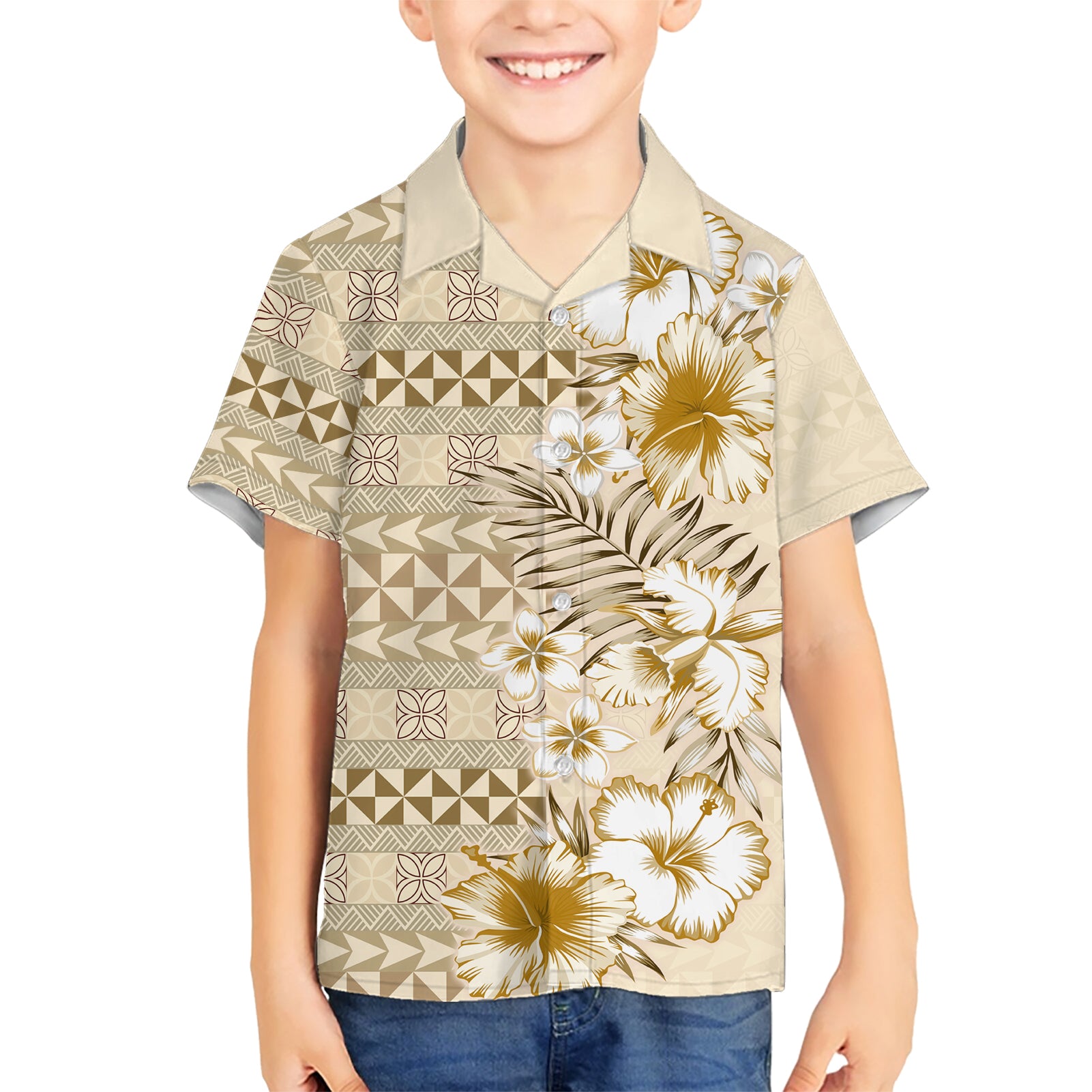 Pasifika Sataoa Pattern Plumeria Vintage Kid Hawaiian Shirt Beige Tan LT9 Kid Beige Tan - Polynesian Pride