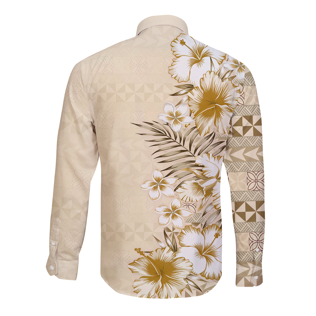 Pasifika Sataoa Pattern Plumeria Vintage Long Sleeve Button Shirt Beige Tan LT9 - Polynesian Pride