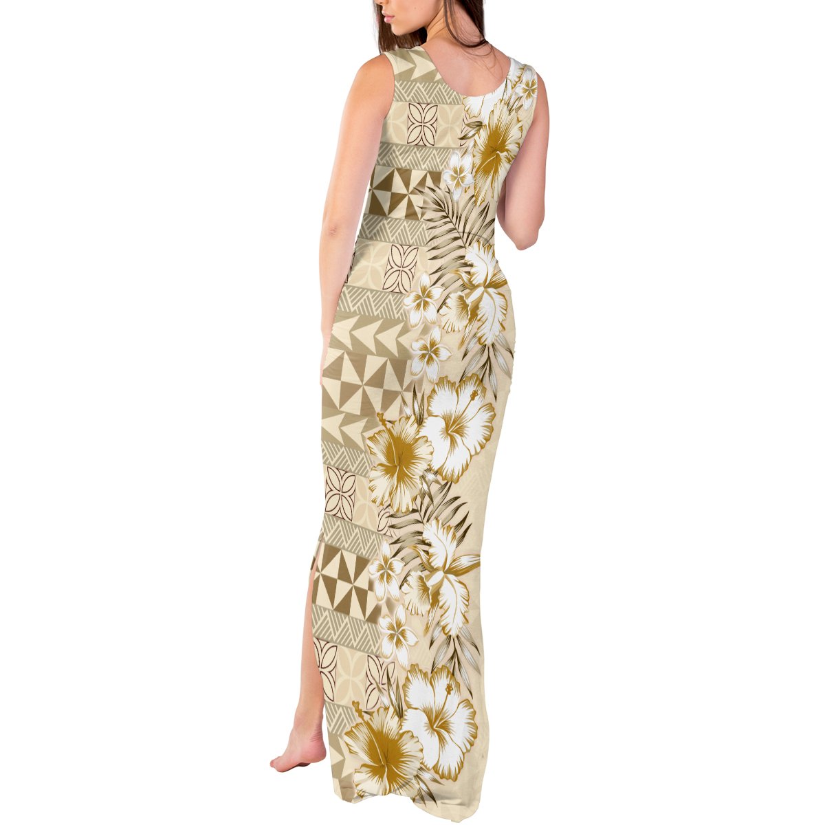 Pasifika Sataoa Pattern Plumeria Vintage Tank Maxi Dress Beige Tan LT9 - Polynesian Pride