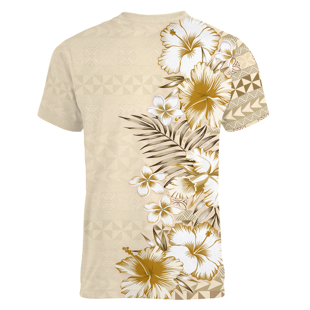 Pasifika Sataoa Pattern Plumeria Vintage Women V Neck T Shirt Beige Tan LT9 - Polynesian Pride