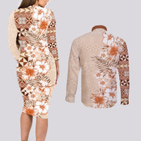 Pasifika Sataoa Pattern Plumeria Vintage Couples Matching Long Sleeve Bodycon Dress and Long Sleeve Button Shirt Brown Beige Tan LT9 - Polynesian Pride