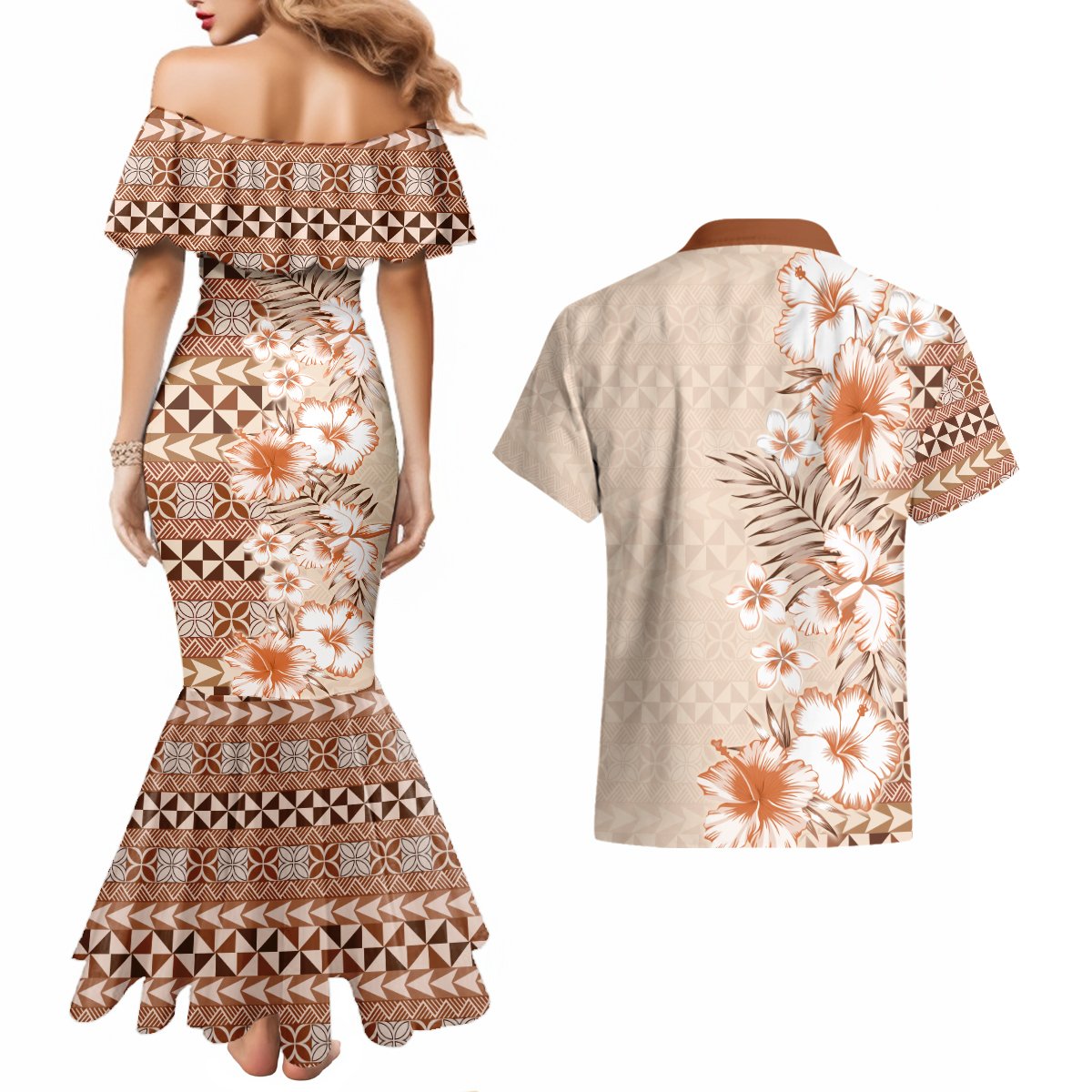 Pasifika Sataoa Pattern Plumeria Vintage Couples Matching Mermaid Dress and Hawaiian Shirt Brown Beige Tan LT9 - Polynesian Pride