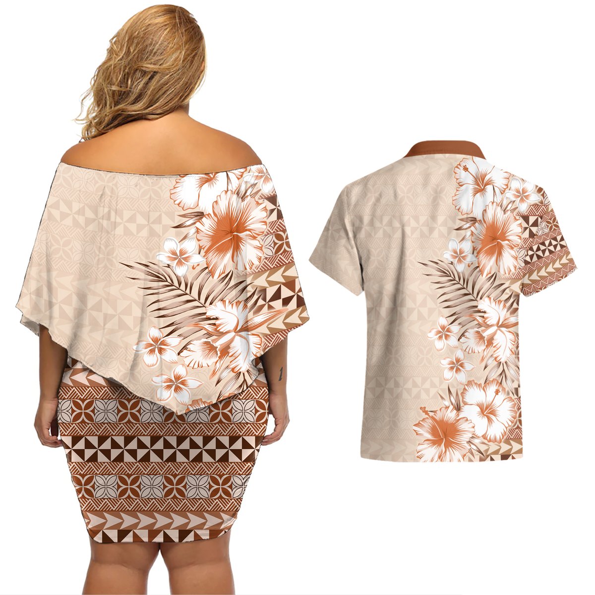 Pasifika Sataoa Pattern Plumeria Vintage Couples Matching Off Shoulder Short Dress and Hawaiian Shirt Brown Beige Tan LT9 - Polynesian Pride