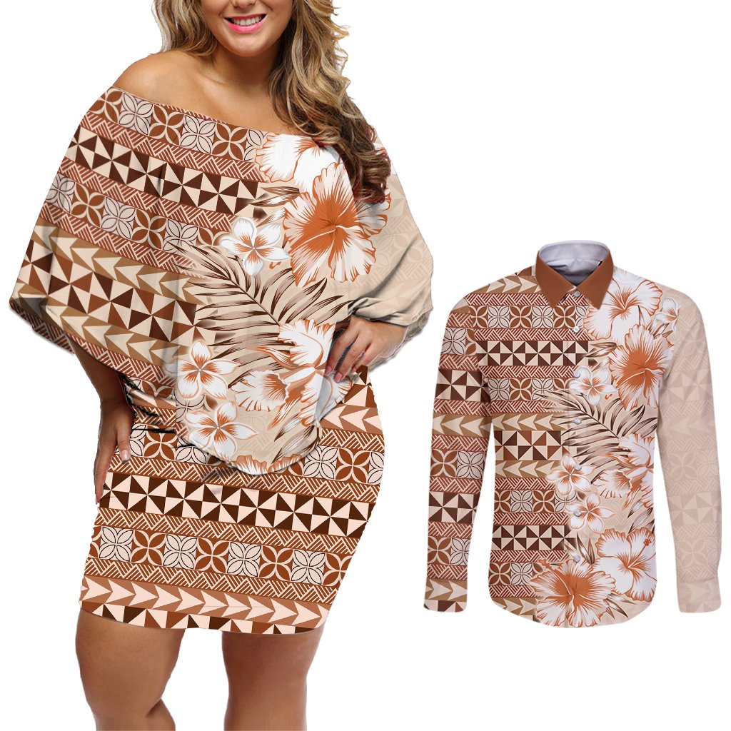 Pasifika Sataoa Pattern Plumeria Vintage Couples Matching Off Shoulder Short Dress and Long Sleeve Button Shirt Brown Beige Tan LT9 Brown - Polynesian Pride