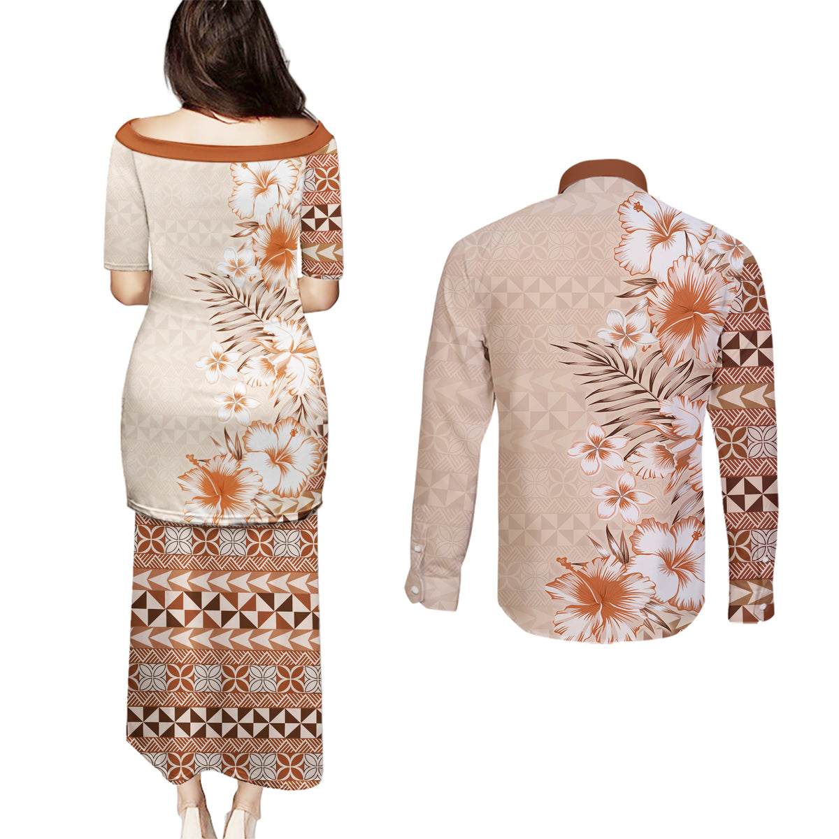 Pasifika Sataoa Pattern Plumeria Vintage Couples Matching Puletasi and Long Sleeve Button Shirt Brown Beige Tan LT9 - Polynesian Pride