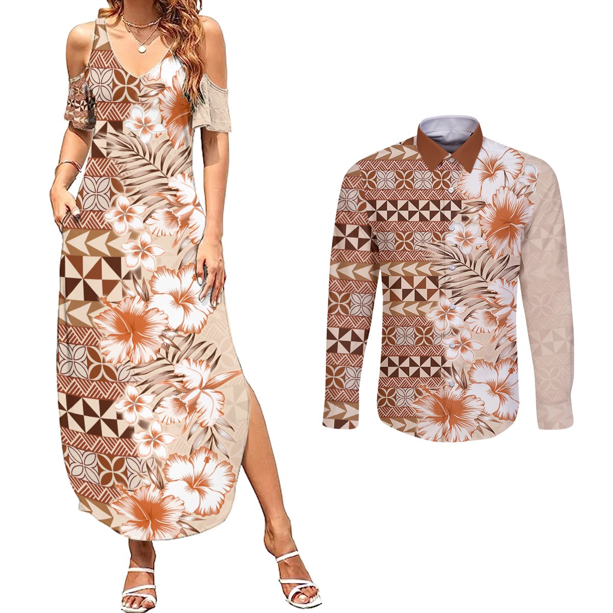 Pasifika Sataoa Pattern Plumeria Vintage Couples Matching Summer Maxi Dress and Long Sleeve Button Shirt Brown Beige Tan LT9 Brown - Polynesian Pride