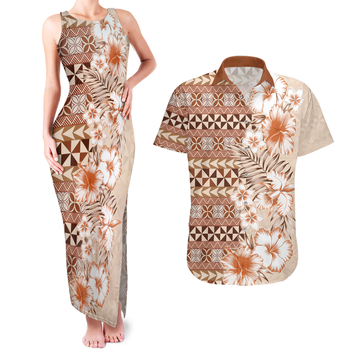 Pasifika Sataoa Pattern Plumeria Vintage Couples Matching Tank Maxi Dress and Hawaiian Shirt Brown Beige Tan LT9 Brown - Polynesian Pride