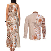 Pasifika Sataoa Pattern Plumeria Vintage Couples Matching Tank Maxi Dress and Long Sleeve Button Shirt Brown Beige Tan LT9 - Polynesian Pride